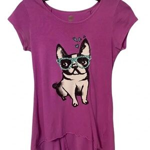 Girls Purple Tee with Bulldog Graphic and Turquoise Glasses
